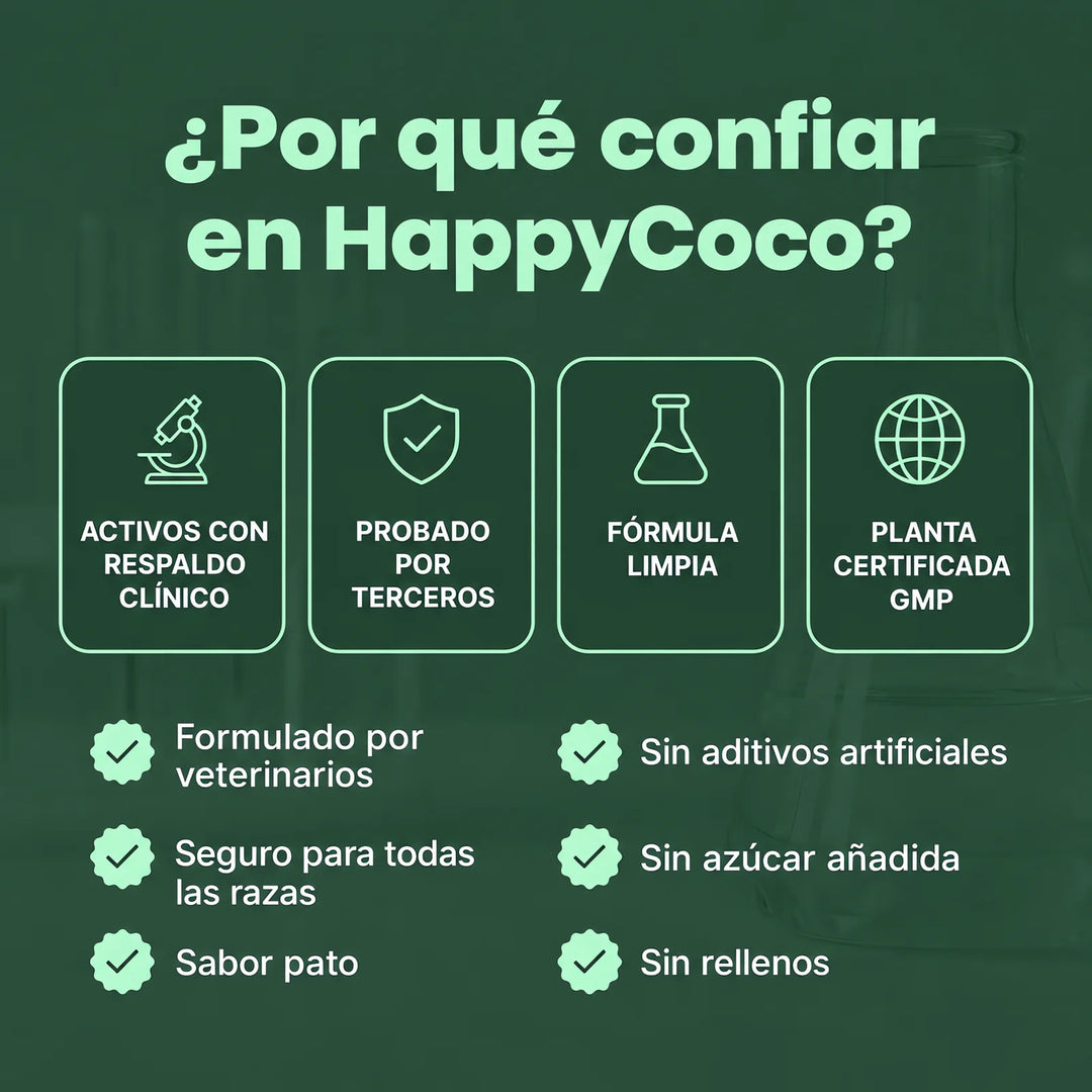 ¿Por qué confiar en HappyCoco? Activos con respaldo clínico, probado por terceros, fórmula limpia