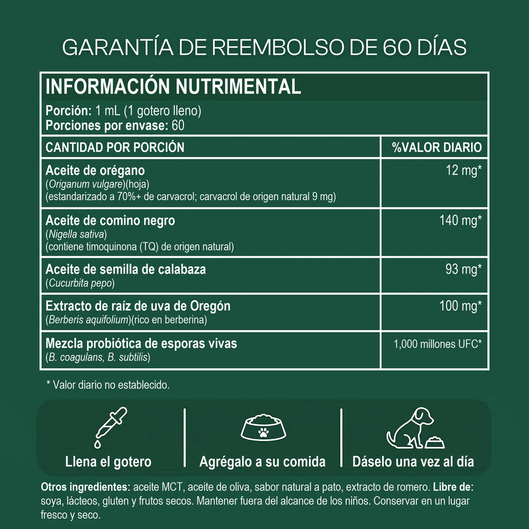 Información nutrimental por porción de 1 mL y modo de uso