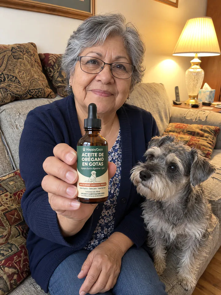 Abuelita mexicana con su schnauzer y el frasco HappyCoco
