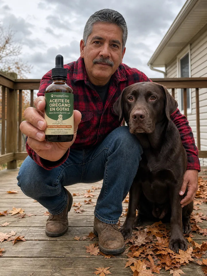 Dueño mexicano con su labrador chocolate y el frasco HappyCoco