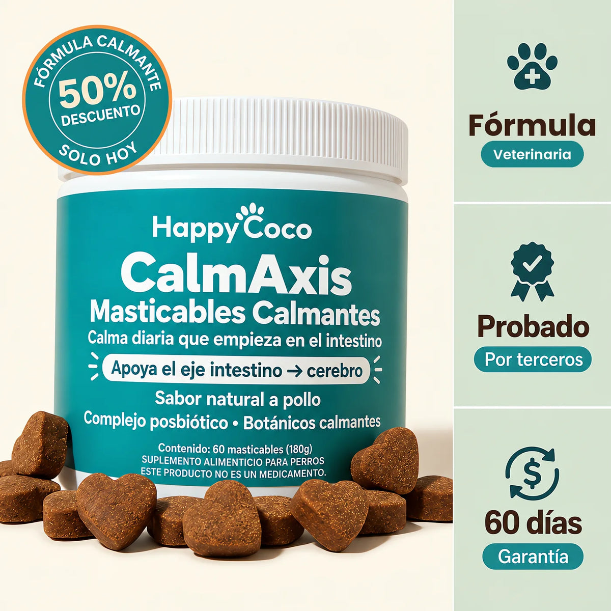 CalmAxis Masticables Calmantes HappyCoco: fórmula veterinaria, probado por terceros, garantía de 60 días