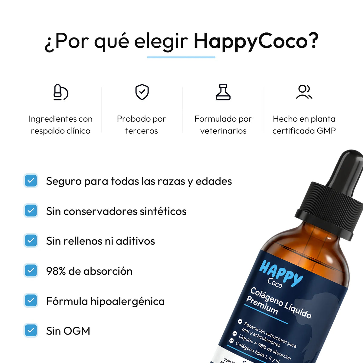 ¿Por qué elegir HappyCoco? Seguro para todas las razas, sin conservadores, 98% de absorción, hipoalergénico