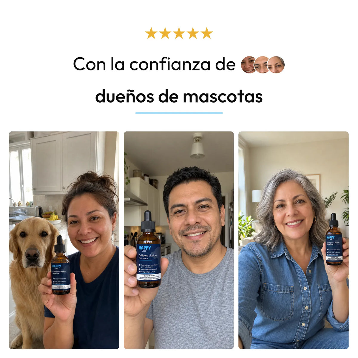 Dueños de mascotas con el Colágeno Líquido Premium HappyCoco