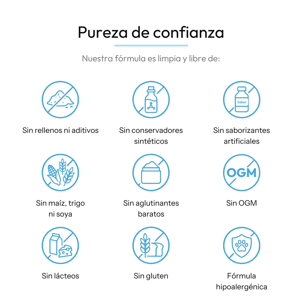 Pureza de confianza: sin rellenos, sin conservadores sintéticos, sin saborizantes artificiales, sin OGM