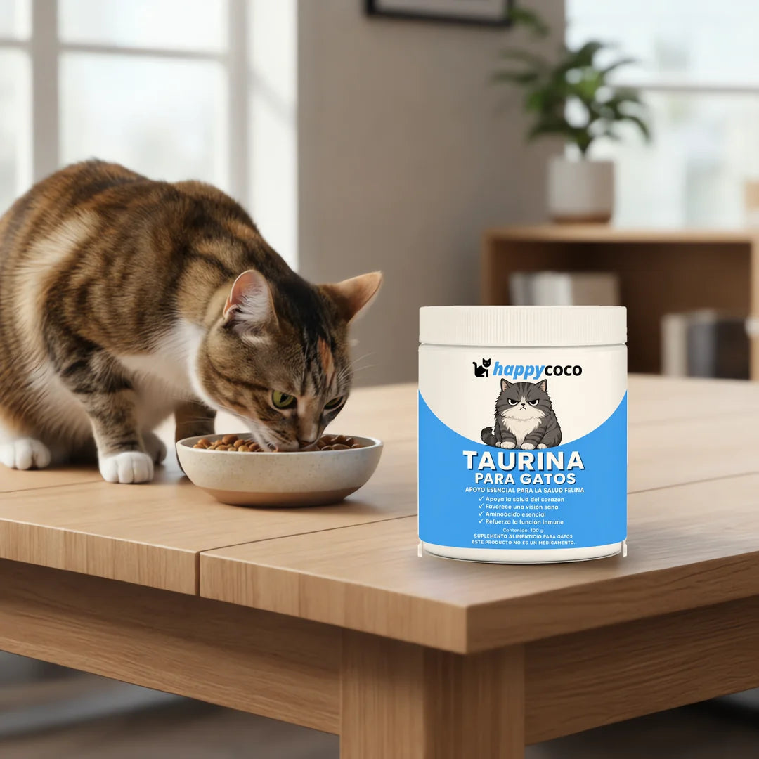 Gato atigrado comiendo junto a la Taurina HappyCoco