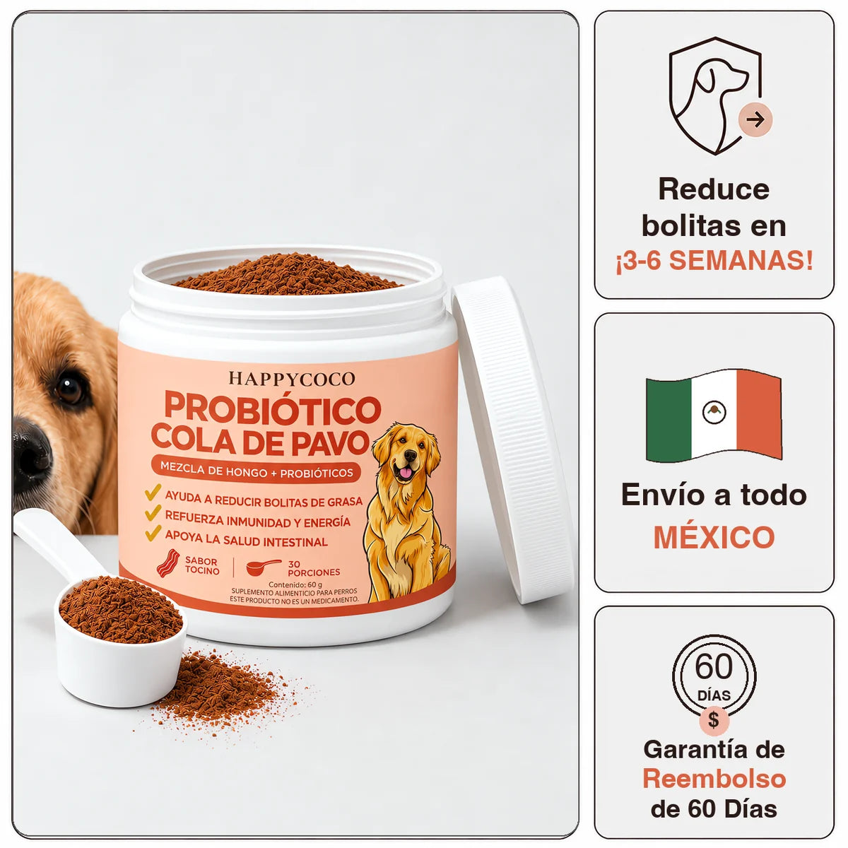 Probiótico Cola de Pavo HappyCoco abierto: reduce bolitas en 3-6 semanas, envío a todo México y garantía de 60 días