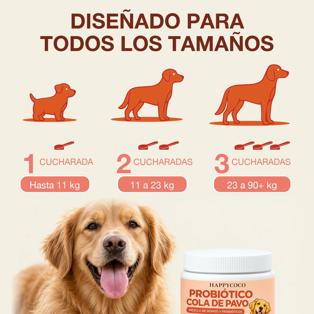Diseñado para todos los tamaños: 1, 2 o 3 cucharadas según el peso de tu perro