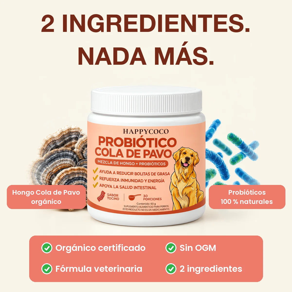 2 ingredientes: hongo cola de pavo orgánico y probióticos