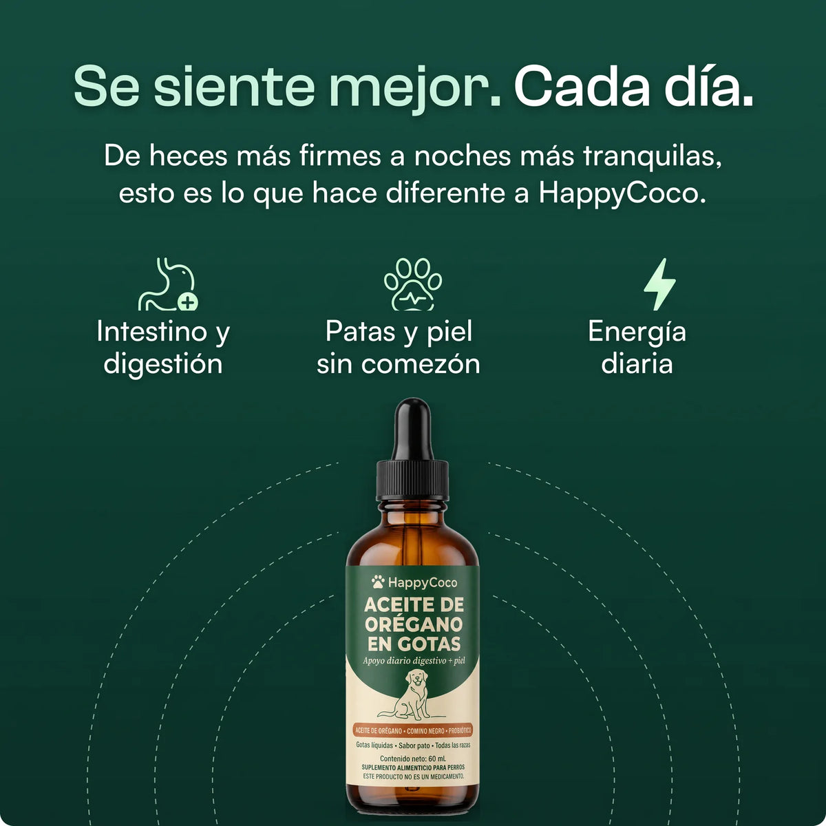 Se siente mejor. Cada día: intestino y digestión, patas y piel sin comezón, energía diaria
