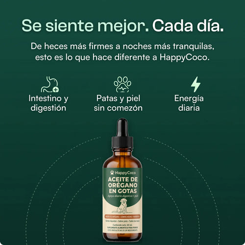 Se siente mejor. Cada día: intestino y digestión, patas y piel sin comezón, energía diaria