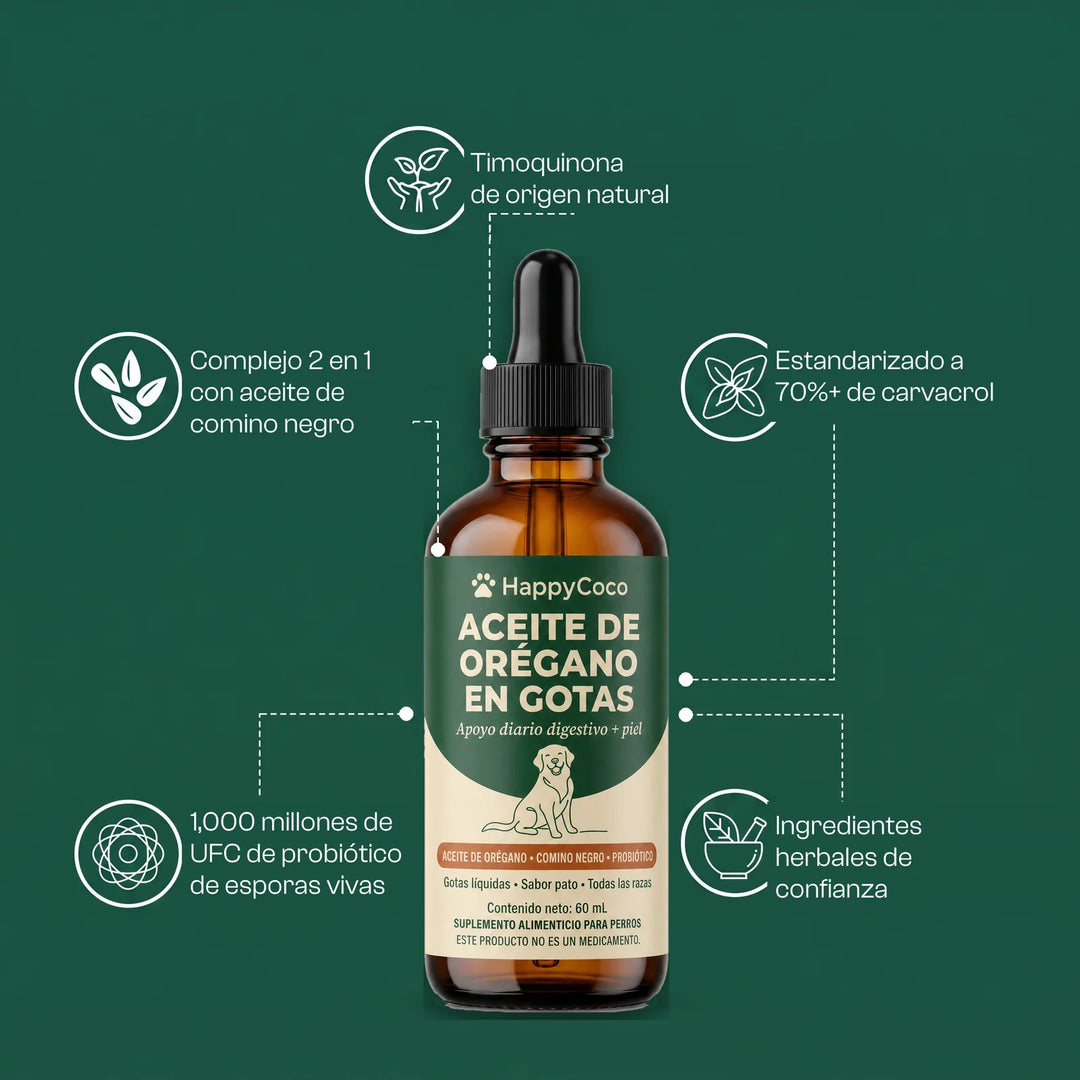 Timoquinona natural, comino negro, 70%+ de carvacrol, probiótico de esporas vivas e ingredientes herbales