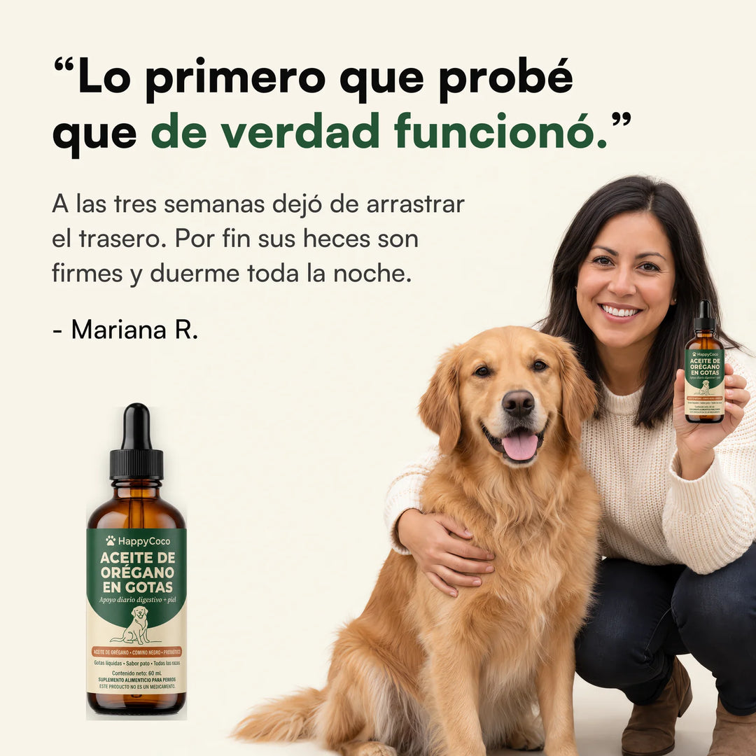 “Lo primero que probé que de verdad funcionó.” Dueña mexicana con su golden retriever y el frasco HappyCoco