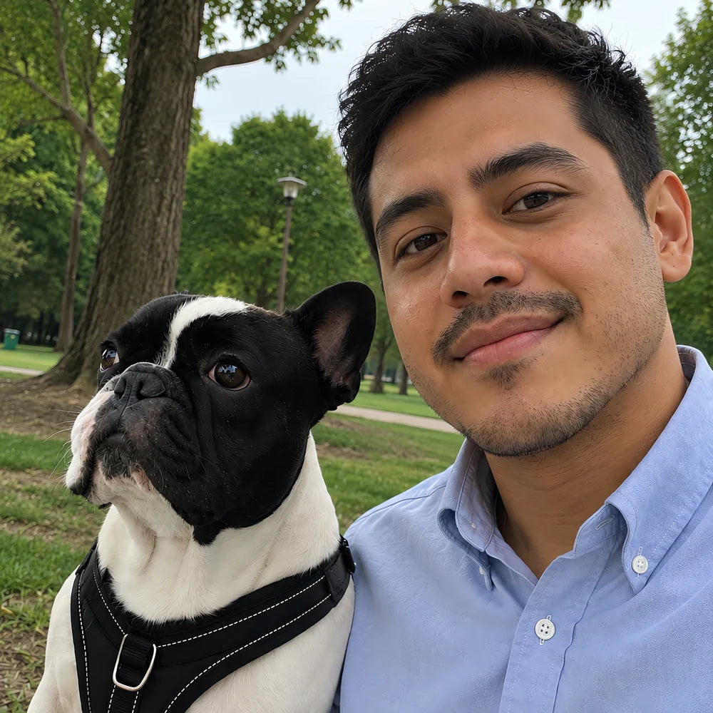 Dueño con su bulldog francés en el parque