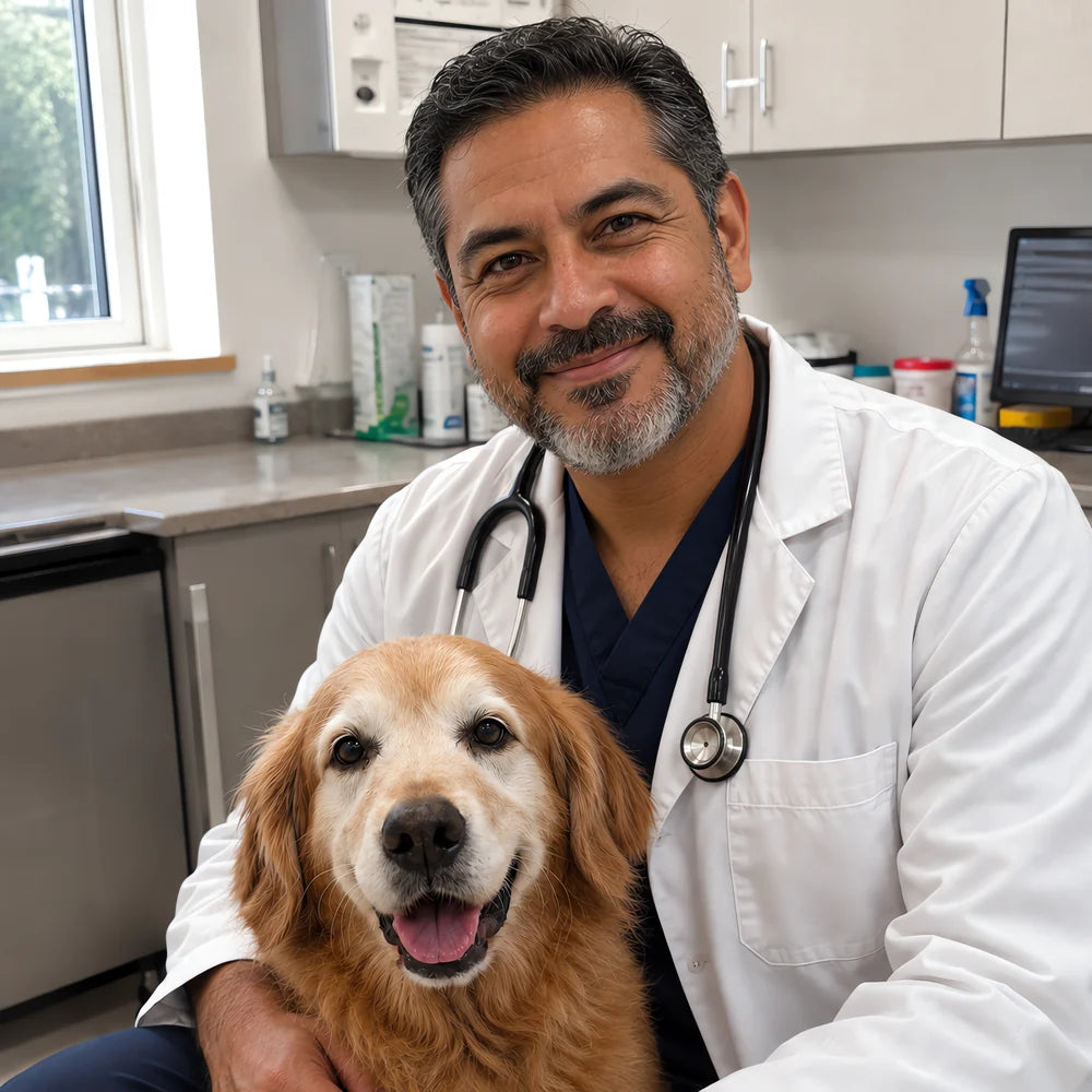 Veterinario con un golden retriever mayor