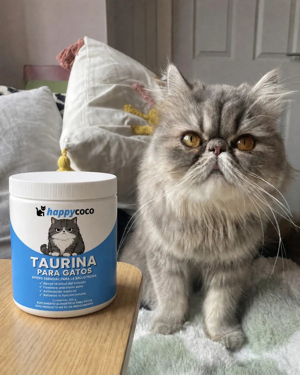 Gato persa gris junto a la Taurina HappyCoco