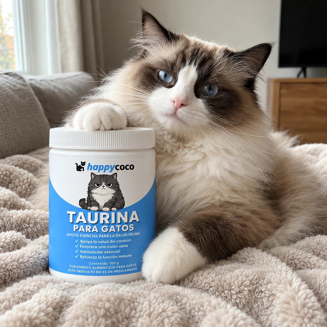 Gato ragdoll recostado junto a la Taurina HappyCoco