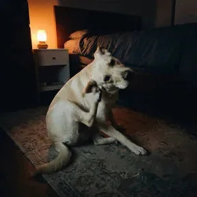 Perro rascándose en la noche