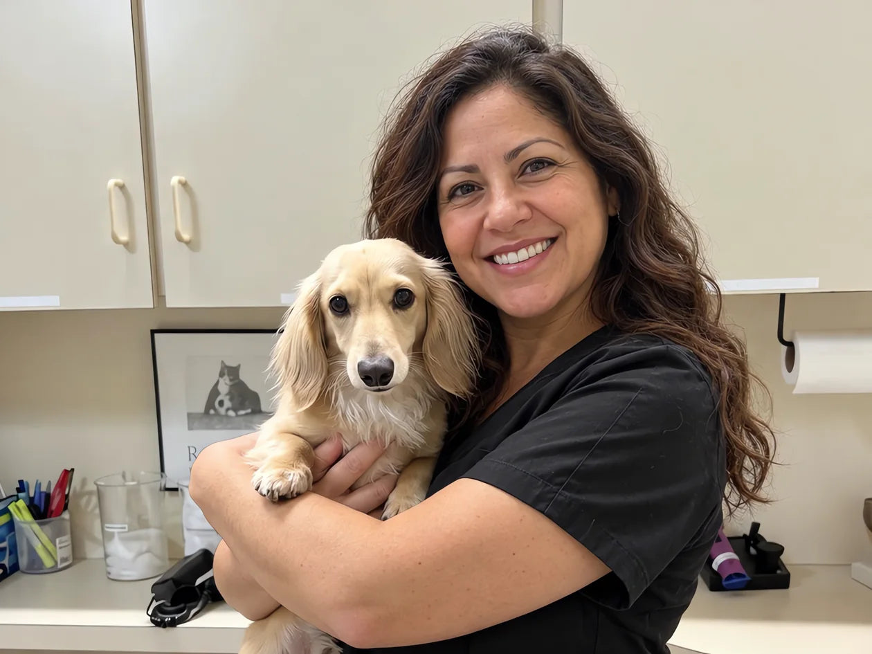 Médica veterinaria abrazando a un paciente en su consultorio