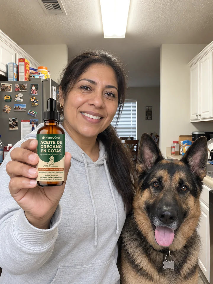 Dueña mexicana en su cocina con su pastor alemán y el frasco HappyCoco
