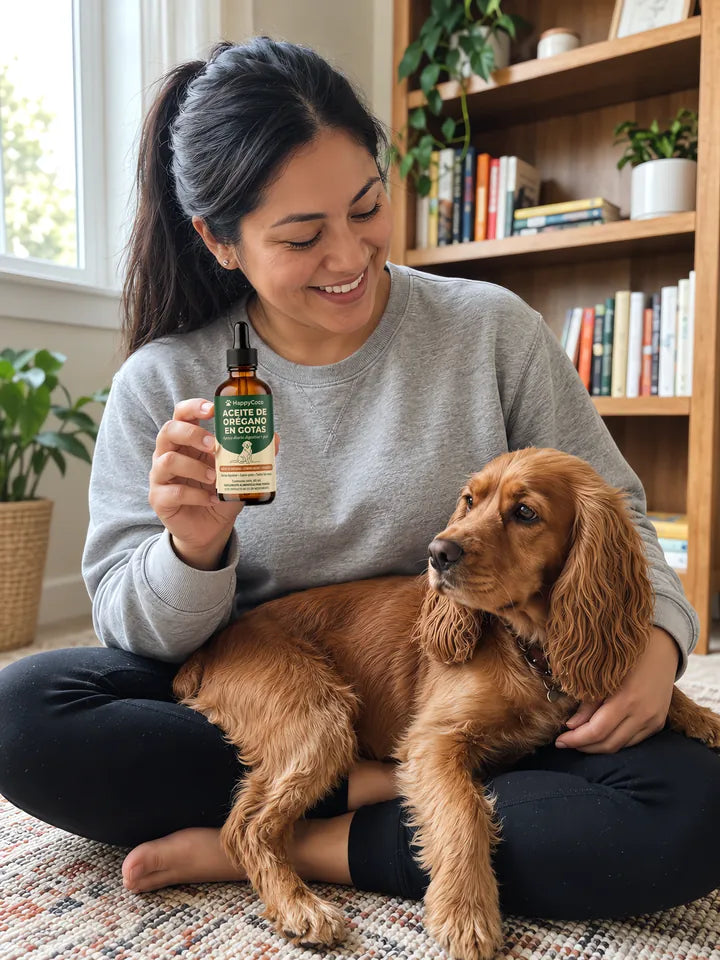 Dueña mexicana con su cocker spaniel y el frasco HappyCoco
