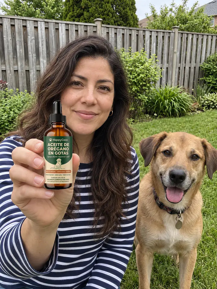 Dueña mexicana en su jardín con su perro mestizo y el frasco HappyCoco